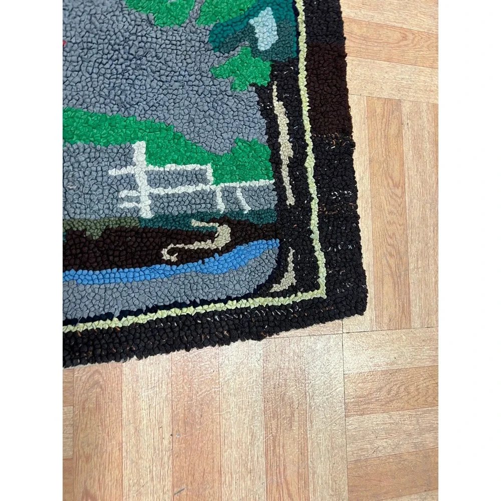 Vintage Latch Hook Rug Country Water Mill Scene Tapestry Cottage Farmhouse Decor